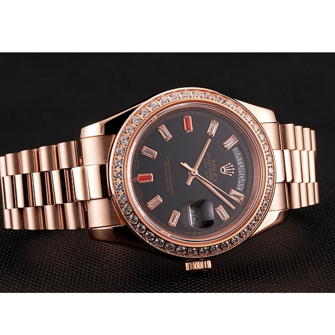 Aaa replica watch Bracelet Rolex 1454102 And Swiss Gold Rose Rubies Diamonds Dial Black Day-Date 0602